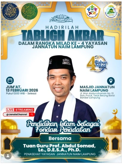 Tabligh Akbar Milad Ke-4 Yayasan Jannatun Naim Lampung Dihadiri Ustaz Abdul Somad